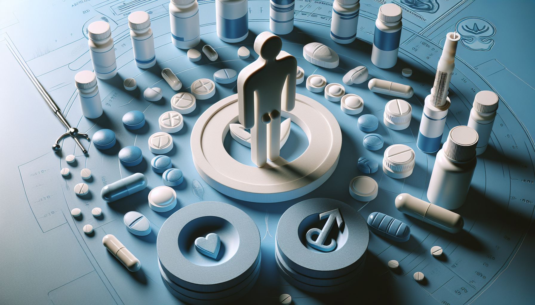 Doctor consulting a patient about impotence medication options, with pills and prescription pad