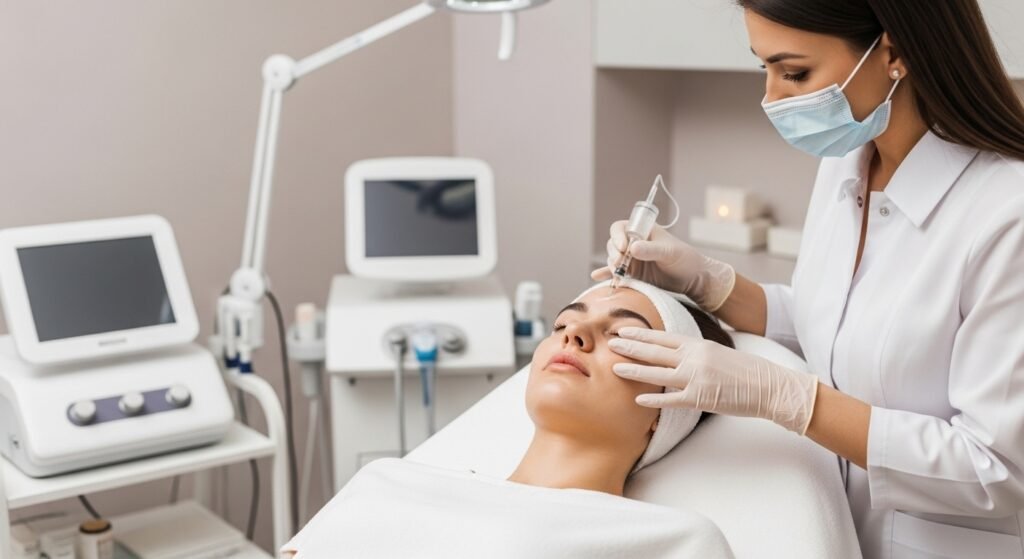 Patient receiving a professional non-surgical facial aesthetic treatment in a modern luxury medical spa with soft lighting and a clean clinical environment.