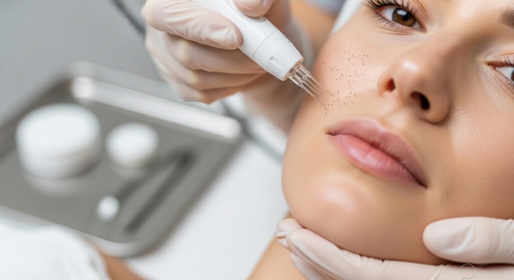 Microneedling treatment being performed on a woman’s face by a medical professional in a modern aesthetic clinic to stimulate natural collagen production and improve skin texture.