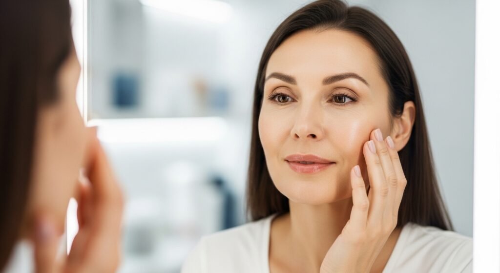 Woman with naturally lifted and youthful skin after non surgical facial treatment