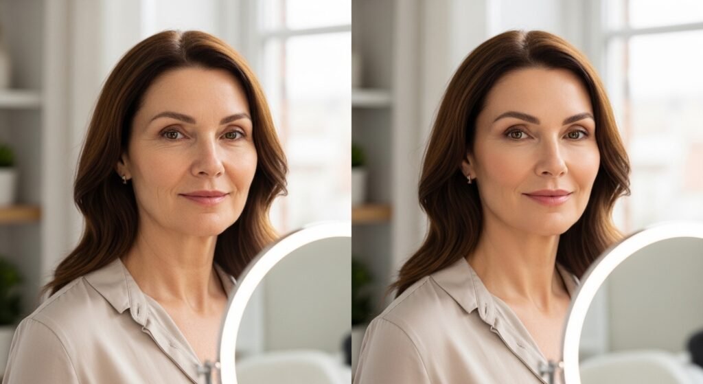 Middle-aged woman comparing natural aging and youthful facelift results in mirror with smoother skin and lifted facial contours