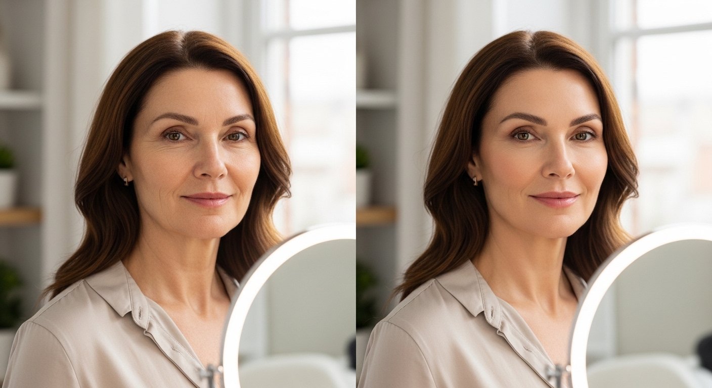 Middle-aged woman comparing natural aging and youthful facelift results in mirror with smoother skin and lifted facial contours
