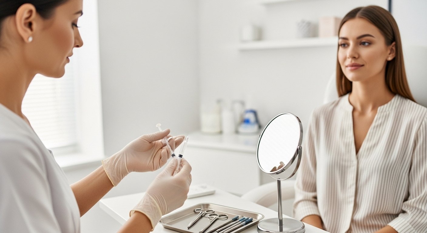Practitioner preparing dermal filler injection in a clean clinic while consulting a calm patient, highlighting safety, hygiene, and professional care