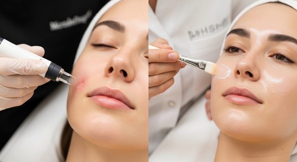 Side-by-side comparison of microneedling and chemical peel treatments improving skin texture in a clinical setting