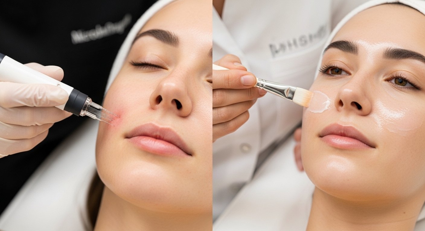 Side-by-side comparison of microneedling and chemical peel treatments improving skin texture in a clinical setting