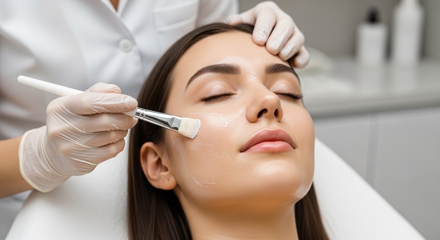Close-up of a woman receiving a chemical peel treatment, showing smooth, glowing skin in a clean, modern skincare clinic.