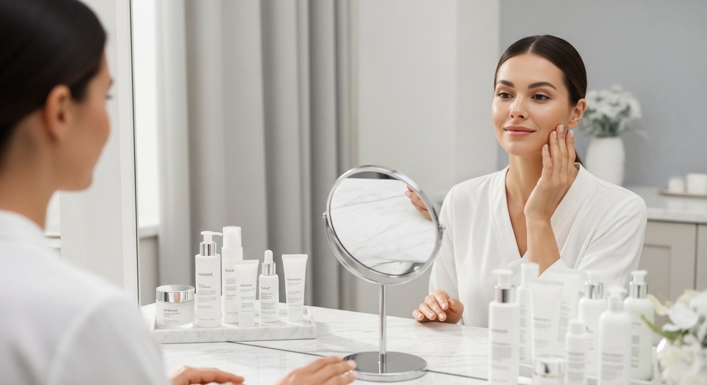 Woman with glowing skin touching her face in a modern aesthetic clinic while a skincare professional advises in the background, highlighting post-treatment care and maintenance.