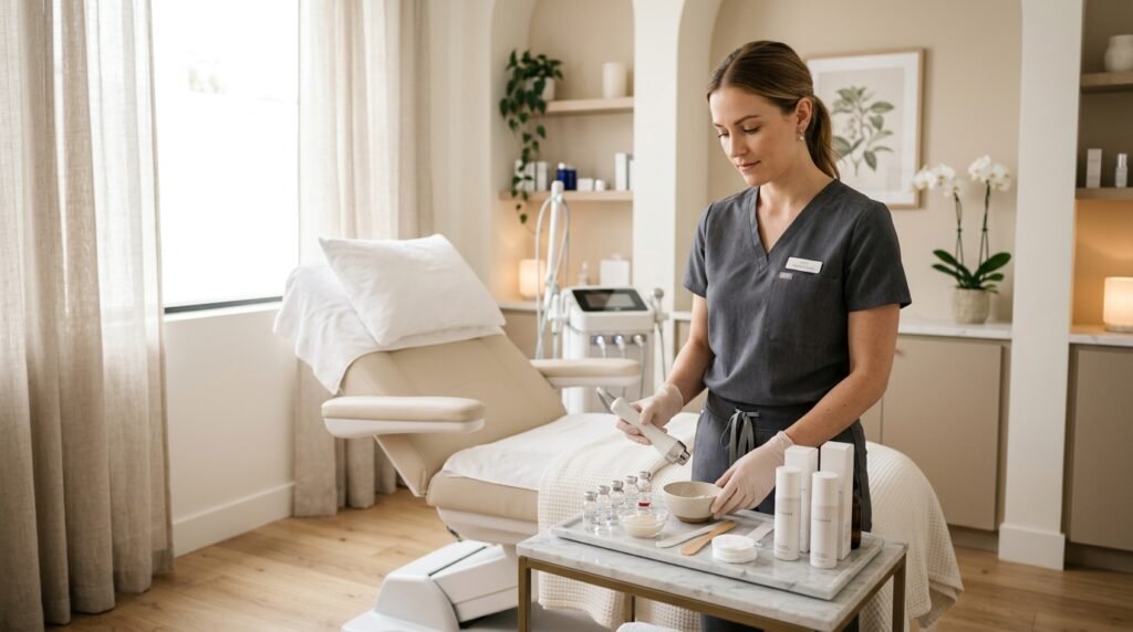 Professional aesthetic provider in a modern med spa treatment room preparing a non-surgical facial rejuvenation treatment in a calm, clean, and elegant setting.