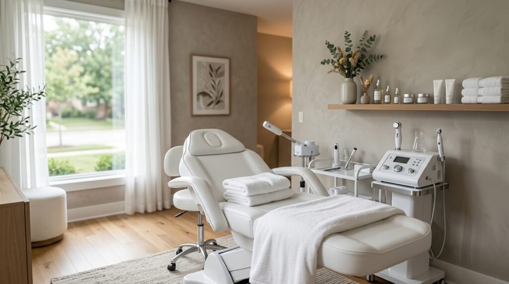 Modern med spa treatment room in Royal Oak, MI with a treatment chair, skincare equipment, fresh towels, and a calm luxury setting.