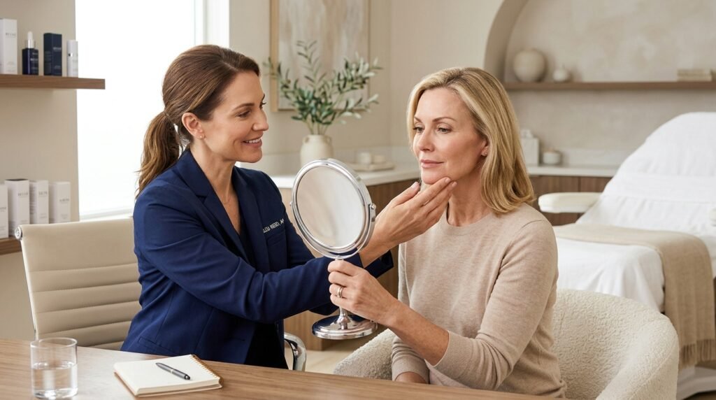 Alt text: Professional aesthetic provider consulting with a woman in a modern med spa, discussing facial rejuvenation options while the client looks into a mirror in a bright, elegant treatment setting.