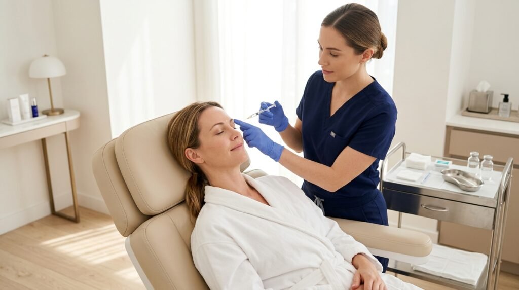 A licensed aesthetic provider prepares a Botox or dermal filler treatment for a calm woman reclining in a bright, modern clinic room, with a clean and professional setting, soft lighting, and a natural skincare atmosphere.