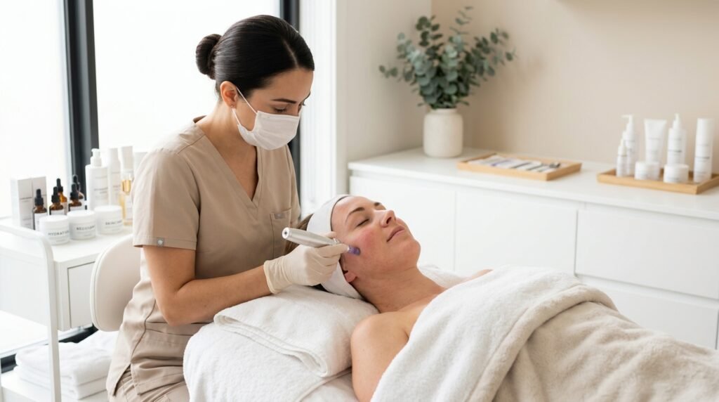 Alt text: Woman receiving a gentle microneedling facial treatment in a clean med spa room while a skincare professional works carefully on her face.