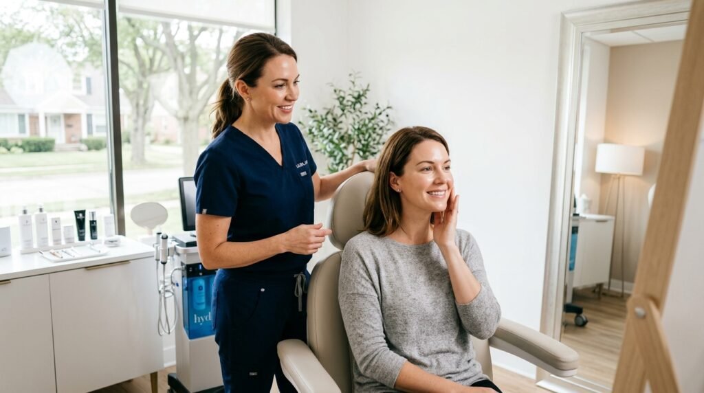 Woman admiring smooth, refreshed skin in a bright modern aesthetic clinic after a non-surgical facial treatment, with a professional practitioner nearby and soft natural lighting.