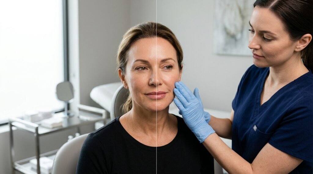 Close-up of a woman’s face in a modern aesthetic clinic, subtly showing one side with smoother skin and the other with enhanced facial volume, while a practitioner gently examines her features.