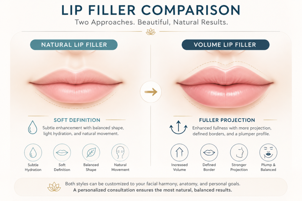 Side-by-side comparison of natural lip filler versus volume lip filler. The left panel, labeled “Natural Lip Filler,” shows lips with subtle definition, soft hydration (indicated by a small water droplet icon), and balanced shape with minimal fullness. The right panel, labeled “Volume Lip Filler,” shows lips with stronger projection, a more defined vermilion border, and plumper profile (indicated by a subtle volume arrow icon). A thin divider separates the two styles. The design uses a soft neutral background, muted teal and soft gold accents, clean sans-serif labels, and a minimal, medically elegant style suitable for educational medical spa content.
