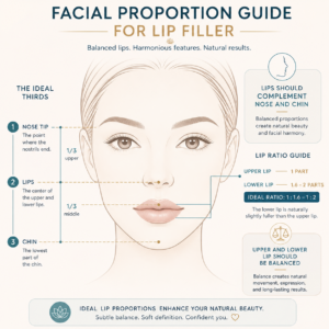 Square educational infographic illustrating ideal facial proportions for lip filler. Features a clean, stylized face outline on a soft neutral background. Horizontal markers indicate nose-to-lips distance, lips-to-chin distance, and upper-to-lower lip ratio. Annotations read “Lips should complement nose and chin” and “Upper and lower lip should be balanced.” Design uses muted teal and soft gold accents, minimal lines, and clear sans-serif labels to emphasize natural, balanced, and medically appropriate lip enhancement guidance.