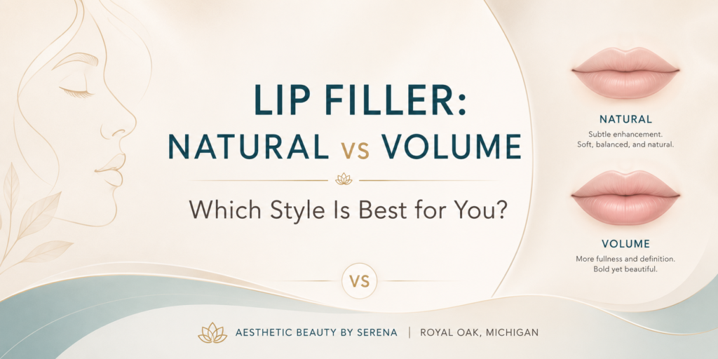 Wide, elegant medical spa banner for an aesthetic clinic blog titled “Lip Filler: Natural vs Volume — Which Style Is Best for You?” Features a soft, neutral background with a subtle abstract lip shape and a gentle split line suggesting comparison. The main title reads “Lip Filler: Natural vs Volume” in bold modern sans-serif font, with the subtitle “Which Style Is Best for You?” below. The clinic name “Aesthetic Beauty by Serena | Royal Oak, Michigan” appears subtly at the bottom. Design emphasizes a premium, calm, trustworthy, and balanced aesthetic suitable for medical spa branding.