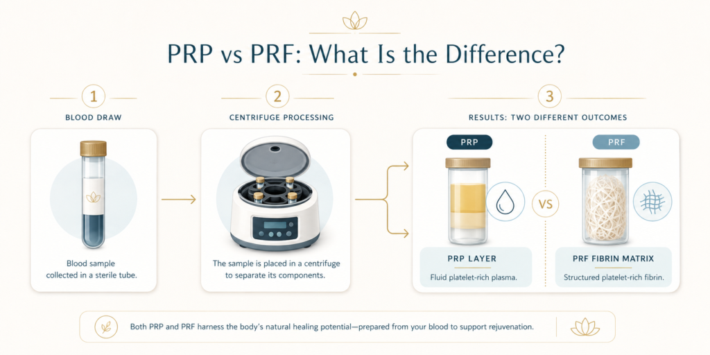 PRP vs PRF educational infographic showing a three-step process: blood draw, centrifuge processing, and separated results comparing PRP layer with fluid platelet-rich plasma and PRF fibrin matrix with structured platelet-rich fibrin. The design uses a clean medical aesthetic style with soft neutral background, muted teal, blue, and gold accents, and simple icons for a medspa blog explaining regenerative treatments.