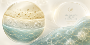 Abstract regenerative science visual for PRP and PRF showing soft plasma layers, floating platelet-like particles, delicate fibrin strands, and flowing cellular forms in muted teal, soft blue, and gentle gold tones. The premium medical aesthetic design suggests platelet-rich plasma, platelet-rich fibrin, regeneration, and gradual skin rejuvenation without graphic medical imagery.