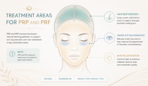 Educational PRP and PRF treatment area map showing a stylized face and scalp diagram with highlighted zones for hair restoration, under-eye rejuvenation, and full-face skin rejuvenation. The infographic uses soft teal, blue, and gold accents on a neutral background to explain where PRP and PRF may be used based on patient goals and anatomy.