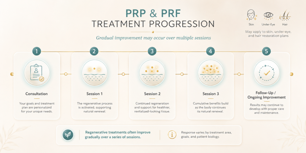 PRP and PRF treatment progression infographic showing a five-step timeline from consultation to session 1, session 2, session 3, and follow-up. The graphic explains that regenerative treatments may improve gradually over multiple sessions and that response varies by treatment area, goals, and patient biology. It uses a soft beige background with muted teal and gold accents, clean icons, and a premium medical spa style.