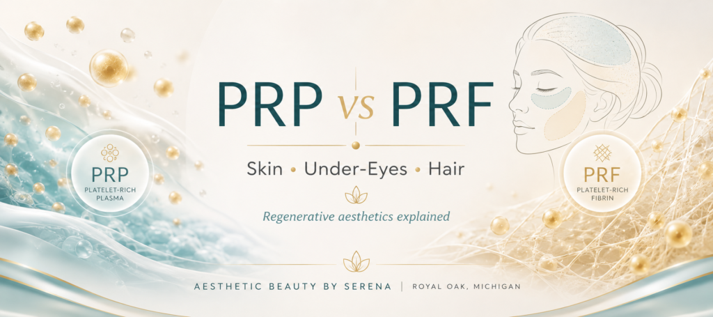 Premium PRP vs PRF medical spa blog banner with abstract plasma layers, platelet-like particles, fibrin strands, and a subtle face and scalp outline. The design highlights PRP for platelet-rich plasma and PRF for platelet-rich fibrin, with text reading “Skin, Under-Eyes, Hair” and “Aesthetic Beauty by Serena | Royal Oak, Michigan.”