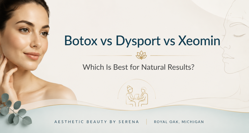 Wide, elegant medical spa banner for an aesthetic clinic blog titled “Botox vs Dysport vs Xeomin: Which Is Best for Natural Results?” featuring a soft neutral background, a subtle outline of a face, minimal consultation icon, modern sans-serif typography, and a small clinic name at the bottom: “Aesthetic Beauty by Serena | Royal Oak, Michigan.” The design emphasizes calm, professional, and natural results with muted teal, soft blue, and gentle gold accents.