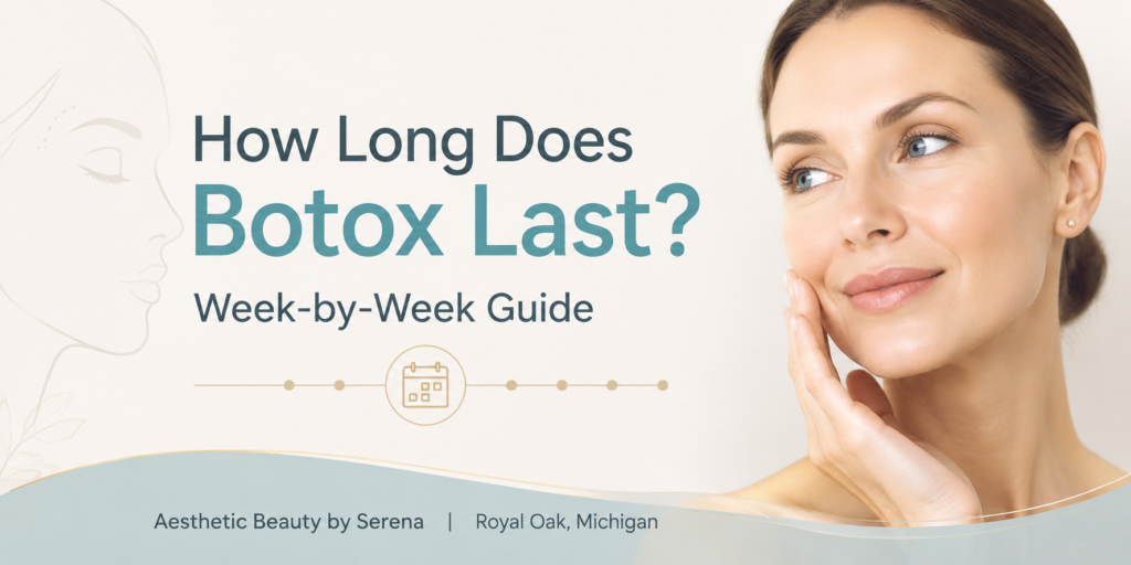 Medical spa blog banner for 'How Long Does Botox Last? Week-by-Week Guide.' Minimal, elegant design with soft beige and gray background. Subtle outline of a female face on the left, small calendar/timeline icon, and clean sans-serif text. Main title: 'How Long Does Botox Last?' with smaller subtitle 'Week-by-Week Guide.' Clinic name at bottom: 'Aesthetic Beauty by Serena | Royal Oak, Michigan.' Calm, professional, high-end aesthetic clinic feel.